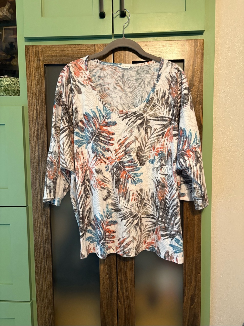 Women's Tropical Print Scoop Neck Top - Blue, Orange, Gray